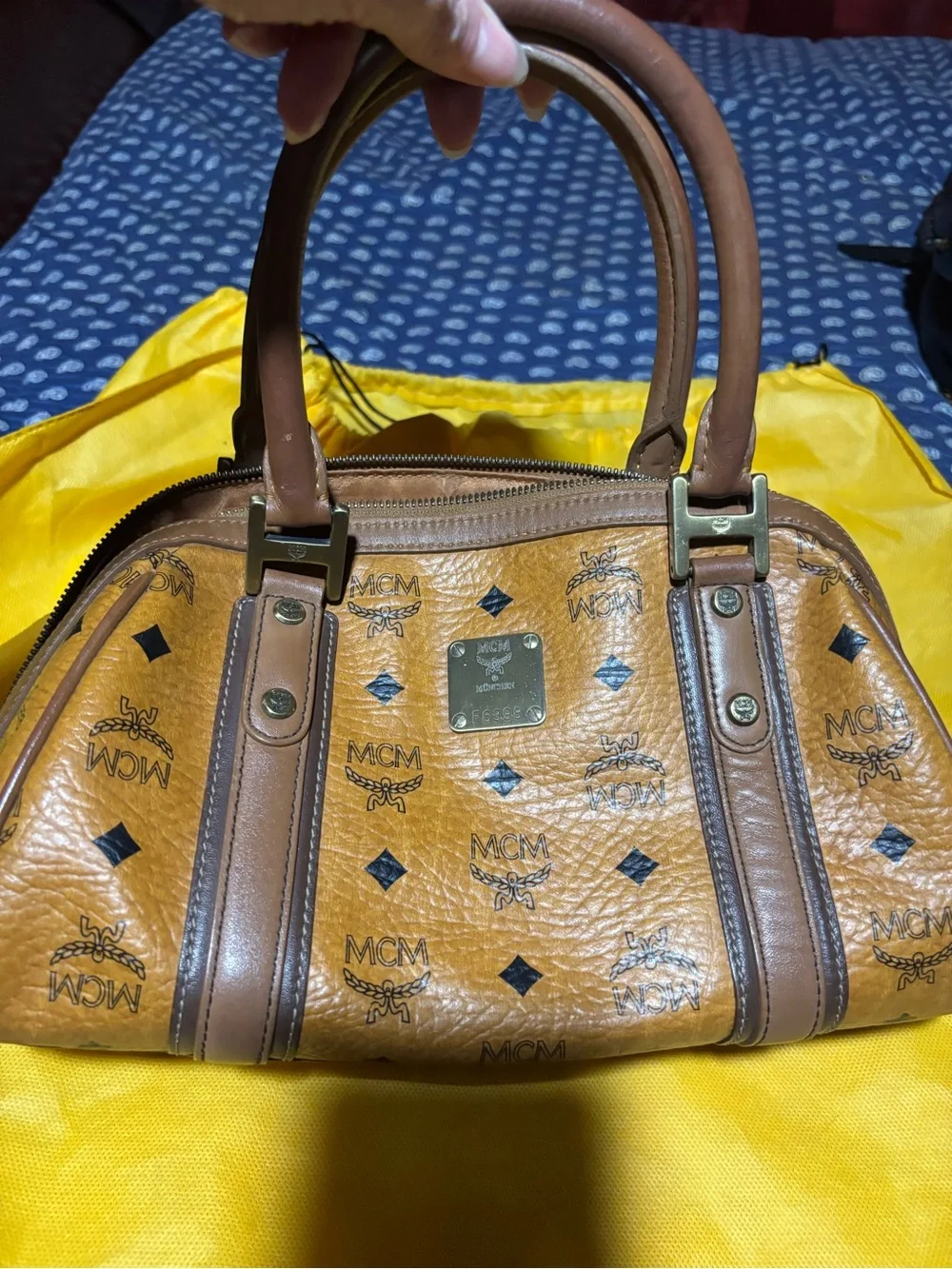 MCM Cognac Monogram Leather Satchel with Gold Hardware